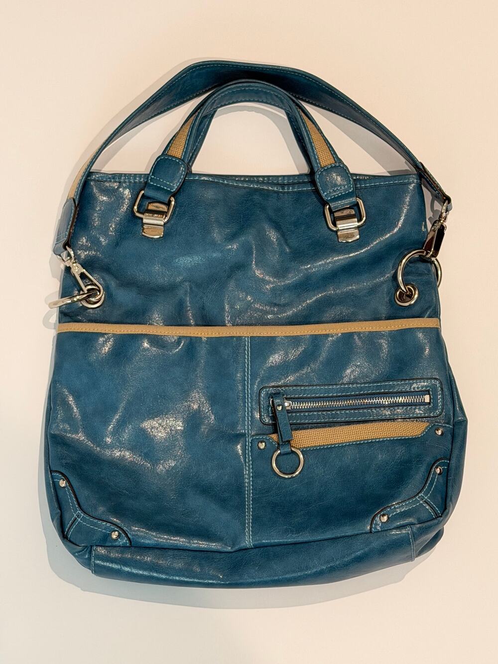 Nine West Blue Teal Convertible Tote Shoulder Bag Purse Tan Woven Accent Y2K